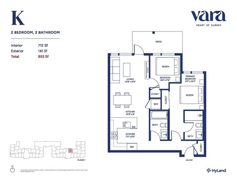 Floor plan for 2 beds, 2 baths, 712 sqft